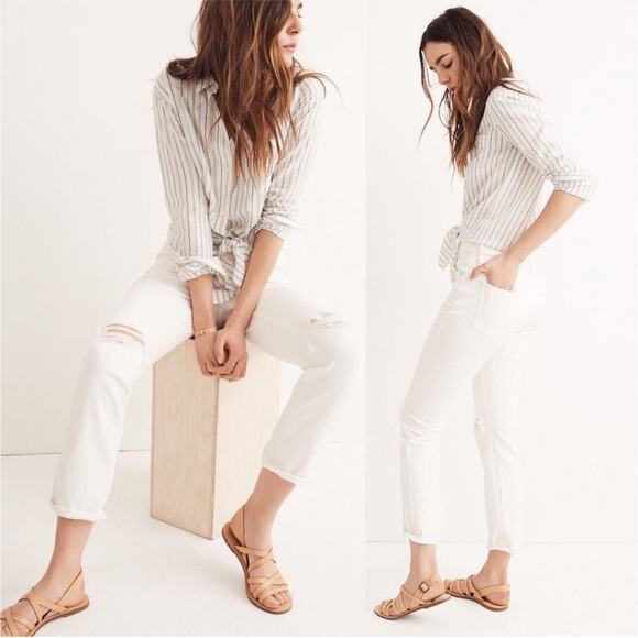 Madewell Jeans Womens 27 Tile White High Rise Slim Boyjean Distressed Summer - Picture 1 of 13